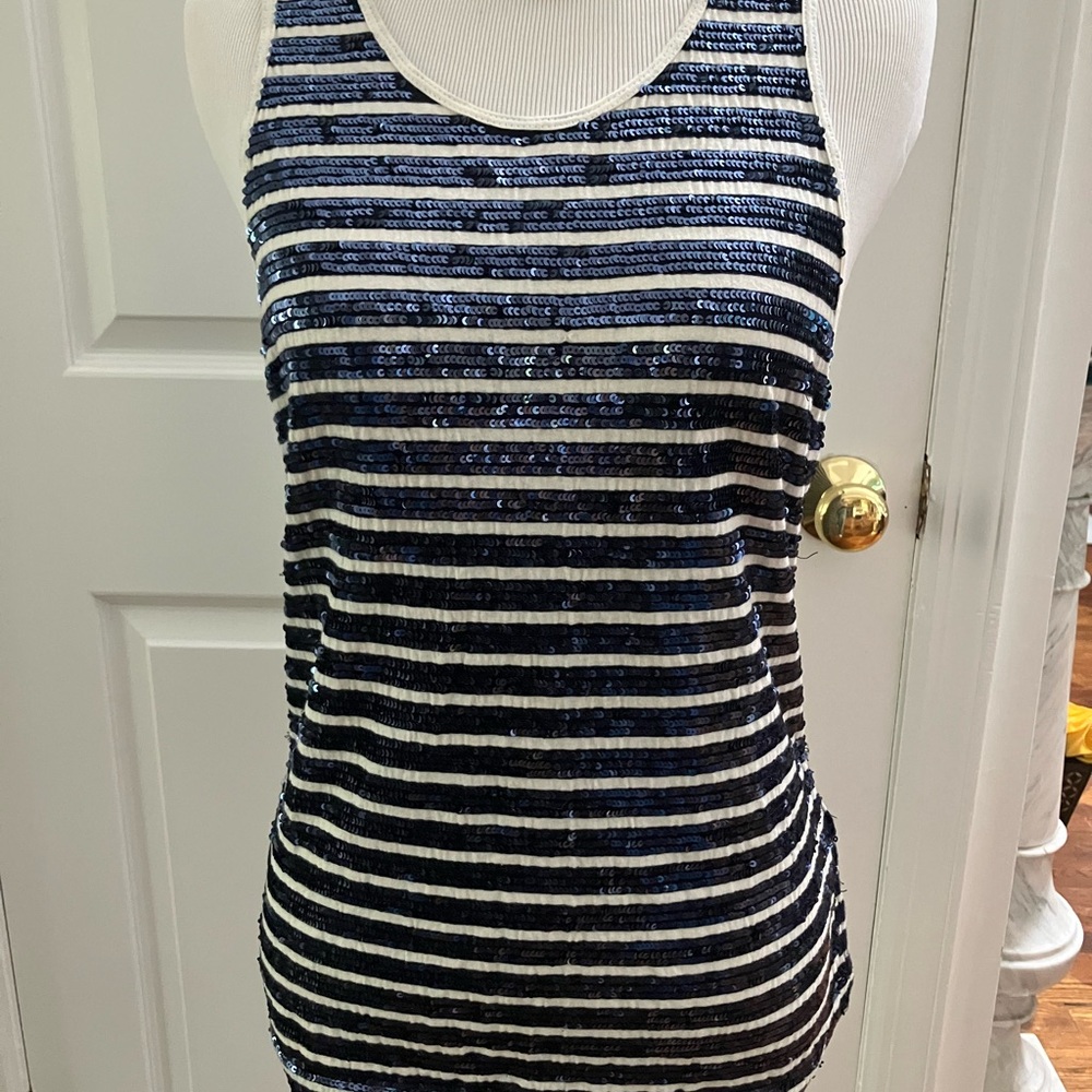 RL Lauren Ralph Lauren Navy and White Sequin Tank Top Sz PM